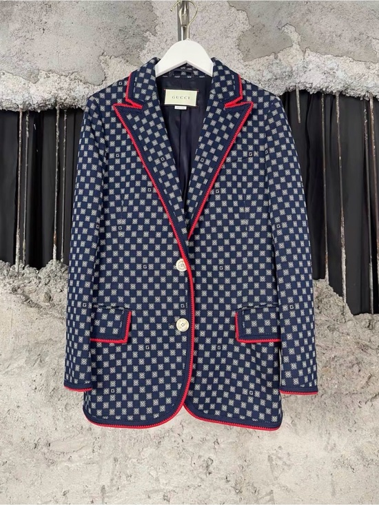 Gucci Jackets & Blazers - 🚩steal Gucci Navy Geometric Wool-Blend Blazer with Red Trim